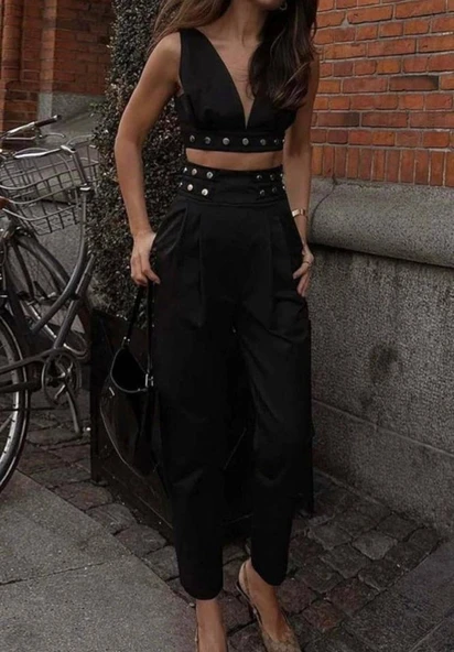 Kadın Double Krep Kumaş Düğme Aksesuar Detaylı Takım - Resim 3