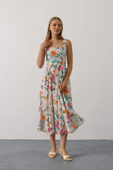 Çiçek Desenli Askılı Elbise - Pembe Çiçek - Resim 3