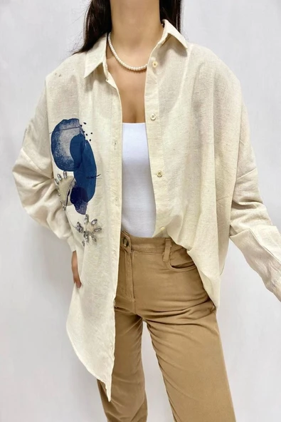 Bej Taş İşlemeli Keten Gömlek - Resim 2