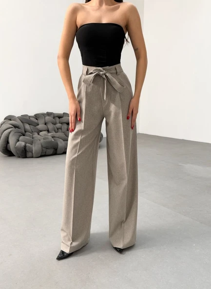 Sante Çi̇zgi̇li̇ Bel Kuşakli Palazzo Pantolon - Resim 4