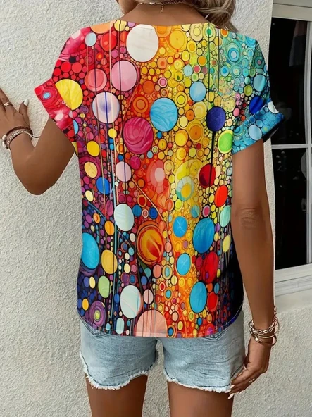 Kadın Kısa Kollu V Yakalı Desenli Süprem Bluz - Resim 3