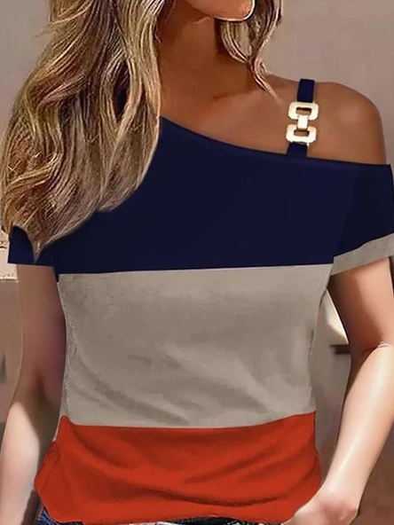 Kadın Kısa Kollu Tek Omuzu Açık Toka Detaylı çok Renkli Viskon Bluz - Resim 2