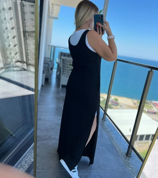 Kadın Yırtmaç Detaylı Viskon Kumaş Maxi Boy Cepli Iç Dahil Ikili Elbise - Resim 9