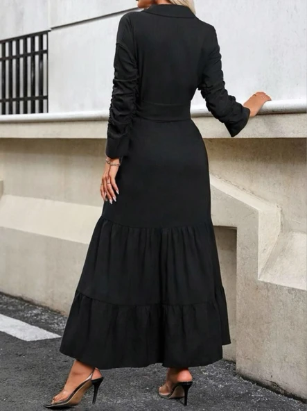 Kadın Uzun Kollu Eteği Fırfırlı Beli Kuşaklı Trikoton Tam Boy Gömlek Elbise - Resim 7