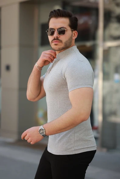 Erkek Hakim Yaka Dokuma Pamuklu Kumaş Kısa Kollu T-shirt - Resim 2