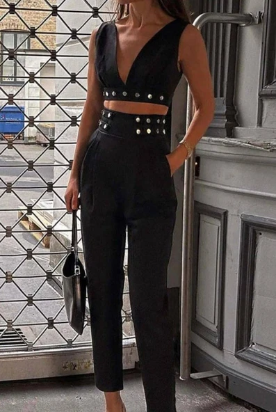 Kadın Double Krep Kumaş Düğme Aksesuar Detaylı Takım ürün görseli 1