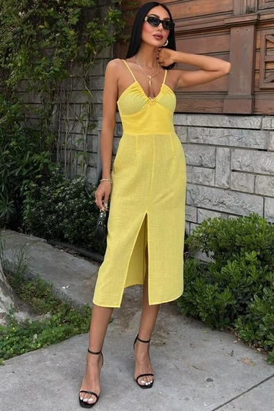 Göğsü Aksesuarlı Önü Yırtmaçlı Elbise 2899 - Resim 3