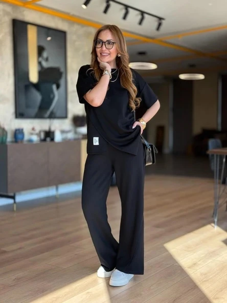 Kadın Kısa Kollu Bisiklet Yaka Asimetrik Viskon Iki Iplik Bluz Ve Pantolon Ikili Takım - Resim 4