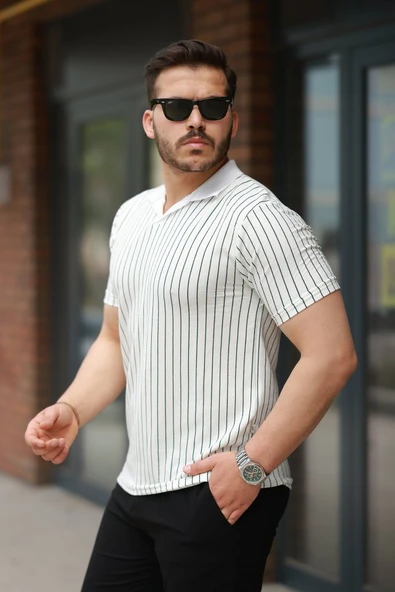 Erkek Yakalı çizgi Desenli Kısa Kollu Tişört - Resim 2