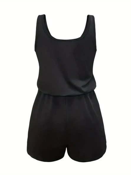 Kadın Askılı Yuvarlak Yaka Lazer Kesim Detaylı Bağcıklı Kısa Viskon Tulum - Resim 5