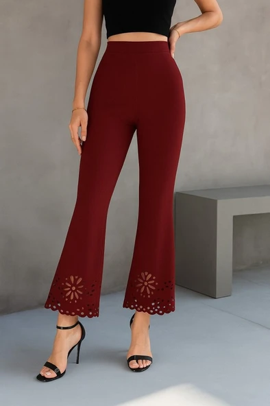 Kadın Yüksek Bel Paçaya Doğru Genişleyen Lazer çiçek Kesim Detaylı Ithal Krep Pantolon - Resim 3