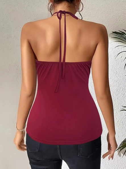 Kadın Askılı Kuş Gözü Ve Dekolte Detay Boyundan Bağlamalı Viskon Bluz - Resim 2