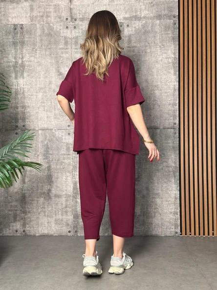Kadın Kısa Kollu Bisiklet Yaka Viskon Iki Iplik Bluz Ve Pantolon Ikili Takım - Resim 3