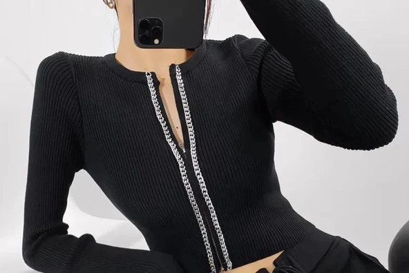 Kadın Kaşkorse Kumaş Zincirli Çift Fermuarlı Fırsat Ürün Bluz - Resim 2