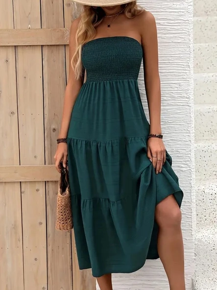 Kadın Straplez Göğüsten Lastikli Kloş Aerobin Uzun Elbise ürün görseli 1