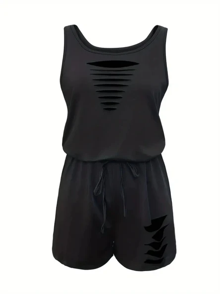 Kadın Askılı Yuvarlak Yaka Lazer Kesim Detaylı Bağcıklı Kısa Viskon Tulum - Resim 4