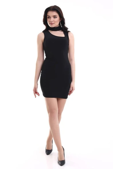 Kadın Asimetrik Yaka Sandy Kumaş Fırsat Ürün Diz Üstü Elbise - Resim 2