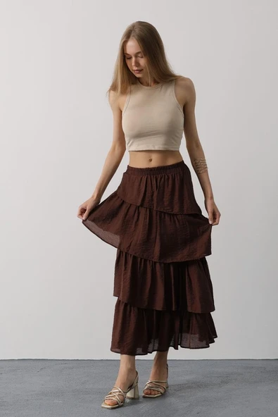Katlı Kesim Uzun Etek - Kahve - Resim 3