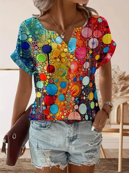 Kadın Kısa Kollu V Yakalı Desenli Süprem Bluz ürün görseli 1