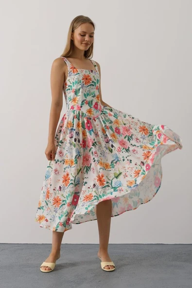 Çiçek Desenli Askılı Elbise - Pembe Çiçek ürün görseli 1