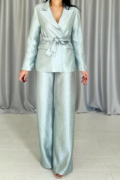 Mint Beli Kuşaklı Ceket Ve Pantolon Parlak Takım - Resim 3