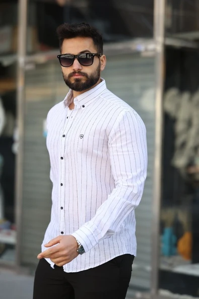 Erkek Pamuklu Çizgi Desenli Gömlek ürün görseli 1