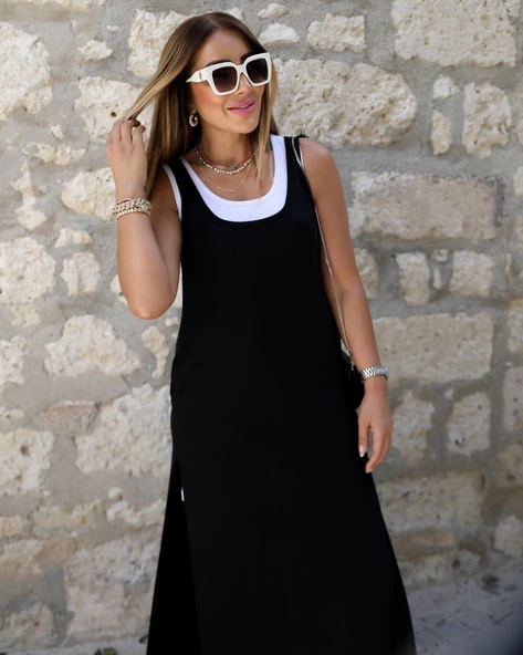 Kadın Yırtmaç Detaylı Viskon Kumaş Maxi Boy Cepli Iç Dahil Ikili Elbise - Resim 6