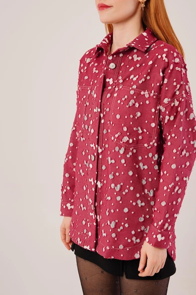 Eskitme Görünümlü Denim Bordo Gömlek - 3