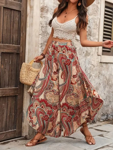 Kadın Yüksek Bel Beli Lastikli Desenli Geniş Paçalı Süprem Pantolon - Resim 6