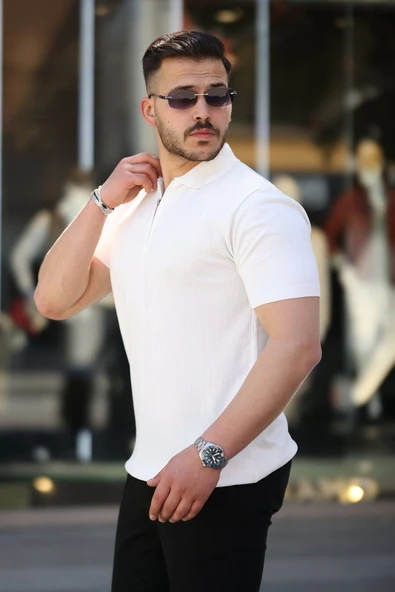 Erkek Yakası Fermuarlı Kısa Kollu T-shirt - Resim 2