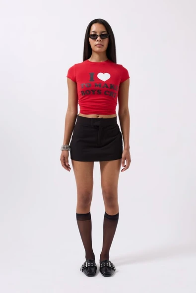 Nakış Detay Baskılı Crop T-Shirt - Resim 2