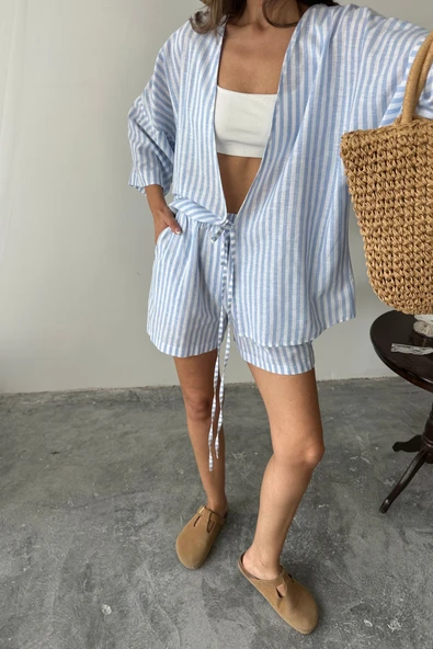 ÇİZGİLİ TUNİK -ŞORT TAKIM - Mavi - Resim 2