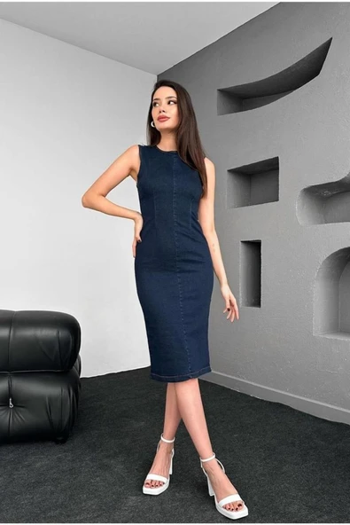 Mavi Arkası Fermuarlı Kot Elbise ürün görseli 1