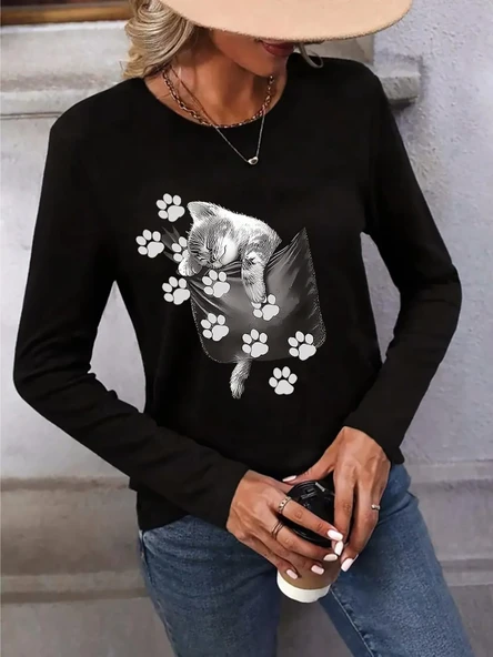 Kadın Uzun Kollu Bisiklet Yaka Desenli Viskon Bluz - Resim 3