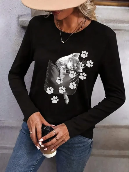 Kadın Uzun Kollu Bisiklet Yaka Desenli Viskon Bluz ürün görseli 1