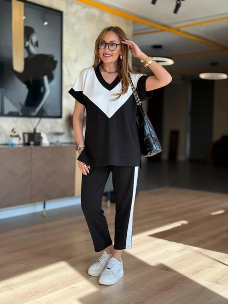 Kadın Kısa Kollu V Yaka Siyah Beyaz Renkli Viskon Iki Iplik Kumaş Eşofman Takımı ürün görseli 1