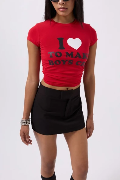 Nakış Detay Baskılı Crop T-Shirt - Resim 3