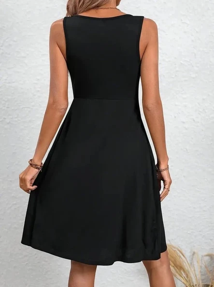 Kadın Askılı Yuvarlak Yaka önden Pileli Viskon Elbise - Resim 3