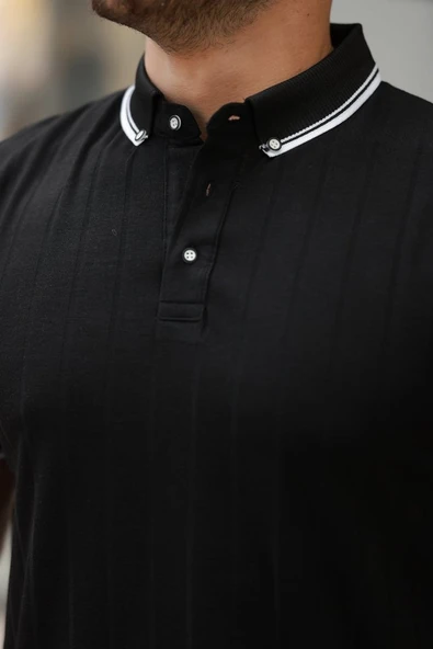 Erkek Düğme Yakalı Jakar Kumaş Kısa Kollu Tişört - Resim 3