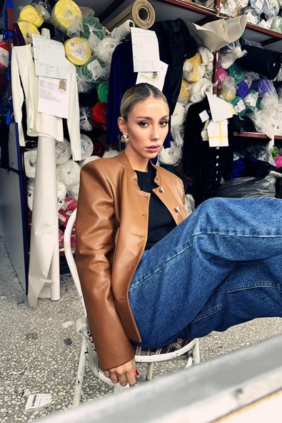 Kahverengi Önü Düğme Kapamalı Deri Ceket - 4