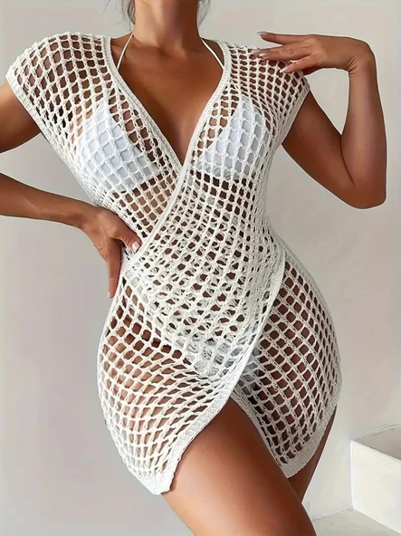 Kadın Kruvaze Detay Ajurlu Triko Pareo - Resim 10