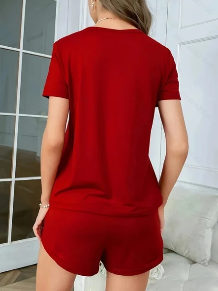 Kadın Kısa Kollu Bisiklet Yaka Baskılı Viskon Bluz Ve şort Ikili Takım - Resim 2