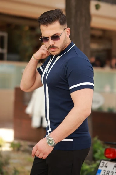 Erkek Fermuar Yakalı şerit Detaylı Kısa Kollu Tişört - 2