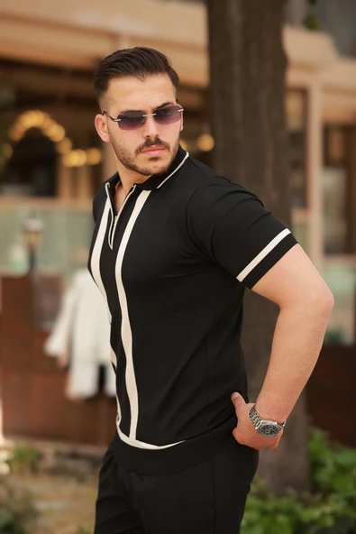 Erkek Fermuar Yakalı şerit Detaylı Kısa Kollu Tişört - Resim 2