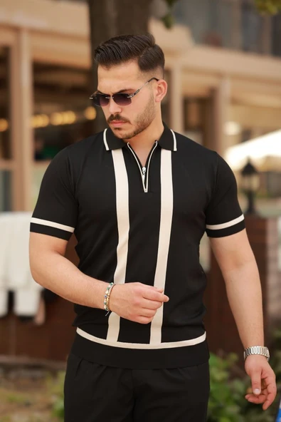 Erkek Fermuar Yakalı şerit Detaylı Kısa Kollu Tişört ürün görseli 1