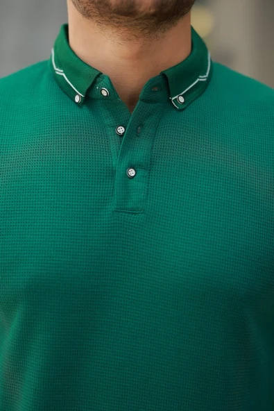 Erkek Düğmeli Yaka Waffle Kumaş Kısa Kollu Tişört - Resim 3