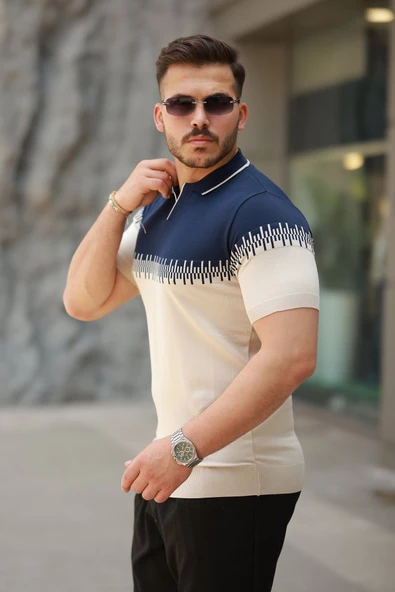 Erkek Hemşire Yaka çift Renk Kısa Kollu Tişört - Resim 2