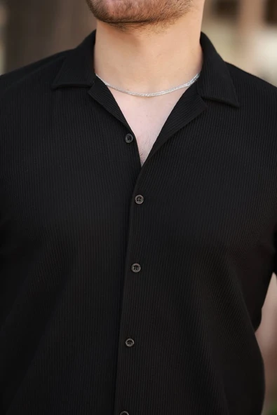 Erkek Ottoman Kumaş Apaj Yaka Kısa Kollu Gömlek - Resim 3