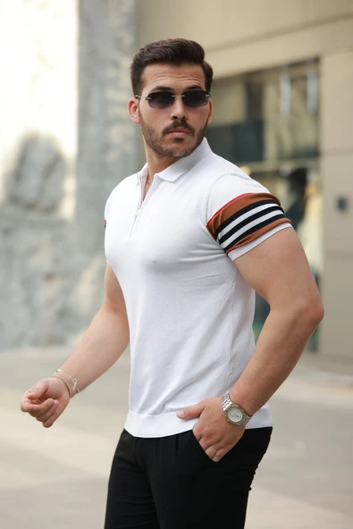 Erkek Fermuar Yakalı Kolları Desenli Kısa Kollu Tişört - Resim 2