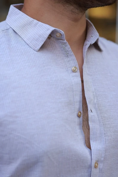 Erkek çizgi Desenli Uzun Kollu Pamuklu Keten Gömlek - Resim 3